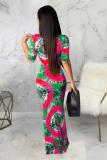 Vert Sexy Fashion Cap Sleeve Manches courtes V Neck A-Line Floor-Length Patchwork Print