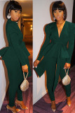 Verde escuro celebridades moda adulto stringy ourela retalhos ternos de duas peças babado lápis sólido l