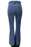 Dark Blue Street Solid Patchwork Mid Waist Regular Flare Leg Tassel Denim Jeans