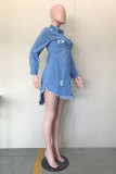 Blue Fashion Sexy Long Sleeves Mandarin Collar Asymmetrical skirt