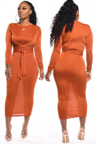Оранжевое уличное модное платье-карандаш с длинными рукавами и круглым вырезом для взрослых, однотонное бандажное платье до середины икры