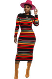 Red Casual Cap Sleeve Long Sleeves O neck Lantern skirt Mid-Calf Print Striped