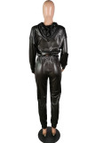 Black Fashion Sexy Solid Patchwork Hooded Collar Long Sleeve Cap Sleeve Regular Two Pieces