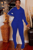 Blaue lässige zweiteilige Anzüge, Patchwork, solide, lockere, langärmelige, zweiteilige Hosen-Set