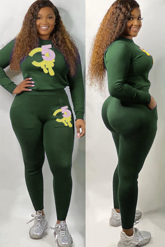 Army Green Active Solid Two Piece Suits Print Patchwork pencil Long Sleeve