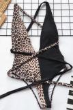 Conjunto de biquínis de moda sexy com capuz de náilon preto patchwork estampa de leopardo sem costas