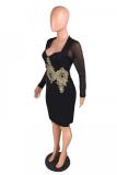 Black Sexy Fashion adult Cap Sleeve Long Sleeves V Neck Step Skirt Knee-Length Patchwork Embroid