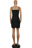 黒のファッションセクシーなスパゲッティストラップノースリーブスリップステップスカートミニパッチワーククラブドレス