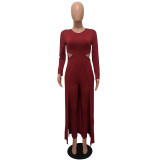 Wine Red Elastic Fly Mid Hooded Out Split Skinny shorts  Two-piece suit
