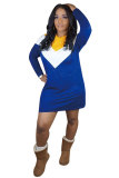 ブルー ファッション セクシー ロング スリーブ O ネック ステップ スカート スカート パッチワーク クラブ ドレス