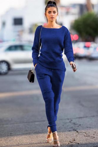 Royal blue Casual Fashion Slim fit Solid Two Piece Suits Patchwork pencil Long Sleeve