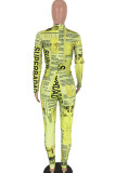 Yellow Sexy zipper letter Print Long Sleeve O Neck Jumpsuits