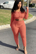 Pink Polyester Sexy ruffle Two Piece Suits Solid pencil Long Sleeve  Two-piece Pants Set