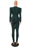 Dark green Celebrities Fashion adult Stringy selvedge Patchwork Two Piece Suits ruffle Solid pencil L