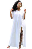 White Sexy Fashion Cap Sleeve Half Sleeves O neck Asymmetrical Ankle-Length Club Dresses