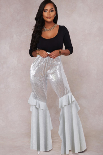 White Polyester Elastic Fly Mid Sequin Solid Loose Pants 