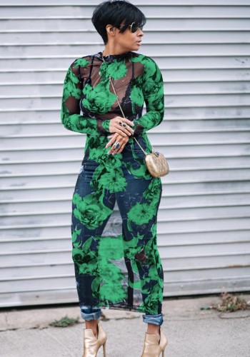 Зеленые повседневные прямые летние платья-миди с длинным рукавом
