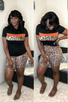 Zwarte mode volwassen casual luipaardprint tweedelige pakken patchwork rechte korte mouw twee-pi