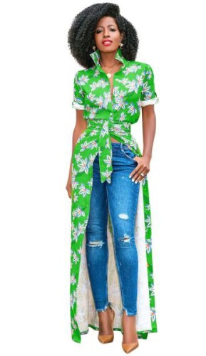 Green Fashion O-Neck Regular Short Print Long Blouses & Shirts