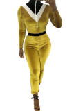 Gelbe sexy solide Patchwork-Jumpsuits mit langen Ärmeln und O-Ausschnitt