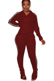 Trajes casuales de dos piezas de color rojo vino Conjunto de pantalones de dos piezas de manga larga sueltos sólidos de retales