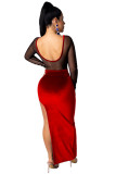 Red Sexy Fashion adult Cap Sleeve Long Sleeves O neck Asymmetrical Ankle-Length Solid backless