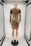 Lässige Leoparden-Patchwork-O-Ausschnitt-Kleider mit Leopardenmuster