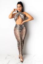 serpentine Sexy Fashion adult Leopard Two Piece Suits asymmetrical Print Mesh pencil Sleeveless
