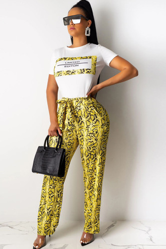 Pantalon ample à imprimé patchwork en polyester jaune avec cordon de serrage