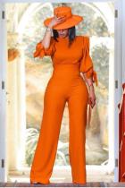 Orange vuxen Casual Modebandage Solid tvådelad kostym Patchwork Lös långärmad
