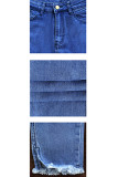 Blaue Jeans mit Reißverschluss, ärmellos, mittleres Loch, Patchwork, Perlenstickerei, solide, alte Bleistifthose