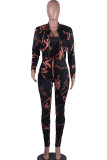 Coffee Casual Two Piece Suits Print Straight Long Sleeve