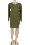 Olive green Acetyl fiber Sexy Cap Sleeve Long Sleeves V Neck Straight Knee-Length Solid 