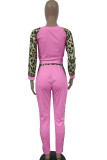 Roze casual tweedelige pakken Luipaard patchwork potlood tweedelige broekenset met lange mouwen