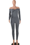 Dark Gray Sexy Solid bandage Patchwork Long Sleeve V Neck Jumpsuits