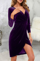 Фиолетовые сексуальные однотонные лоскутные платья с V-образным вырезом
