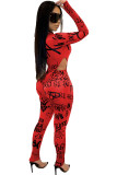 Red Milk Silk Sexy Print Two Piece Suits pencil Long Sleeve 