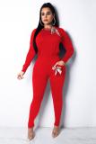 Red Fashion adult Sexy bow-knot Solid Two Piece Suits Patchwork Straight Long Sleeve Two-piec