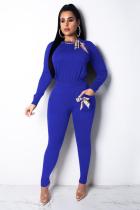 Blaue Mode für Erwachsene, sexy Schleife, solide zweiteilige Anzüge, Patchwork, gerade, lange Ärmel, zweiteilig