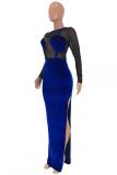 Royal blue Sexy Fashion adult Cap Sleeve Long Sleeves O neck Asymmetrical Ankle-Length Solid backless