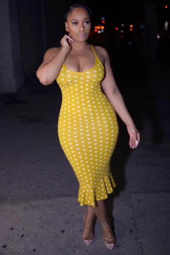 Yellow Polyester Sexy Fashion Spaghetti Strap Sleeveless Slip Step Skirt Knee-Length Print ruffle Patchwork