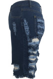 Blaue Denim-Shorts mit Knopfleiste und Reißverschluss, hohes Waschloch, Reißverschlusstasche, gerade Shorts