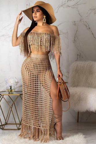 Khaki Sexy Fashion Off The Shoulder Short Sleeves One word collar Straight Ankle-Length asymmetr
