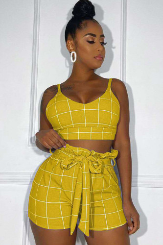 Amarelo moda senhora adulto sexy ternos de duas peças retalhos xadrez em linha reta sem mangas de duas peças sh
