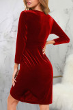Red Sexy Solid Patchwork V Neck Dresses