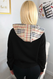 Suéteres e moletons com capuz preto patchwork xadrez estampado patchwork manga comprida