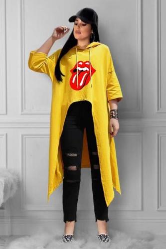 Yellow hooded Long Sleeve Lips Print Print Tees & T-shirts
