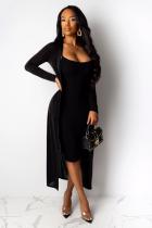 Black adult Casual Fashion Two Piece Suits Solid A-line skirt Long Sleeve Two-Piece Dress
