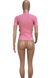 Camisetas e camisetas rosa com gola O e manga curta com estampa de patchwork e lantejoulas
