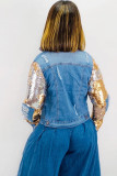Blue Turndown Collar Sequin Patchwork Hole Solid The cowboy Pure Long Sleeve 